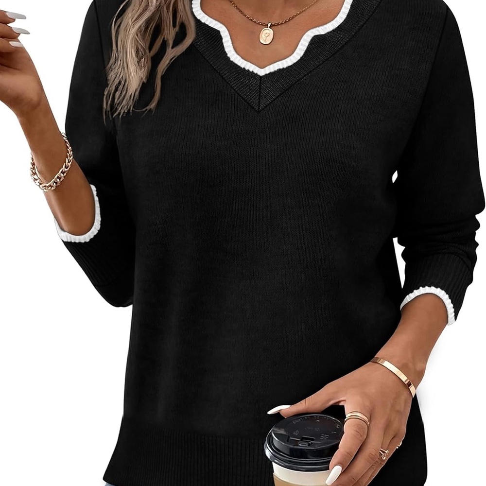 Black V-Neck Sweater with White Trim